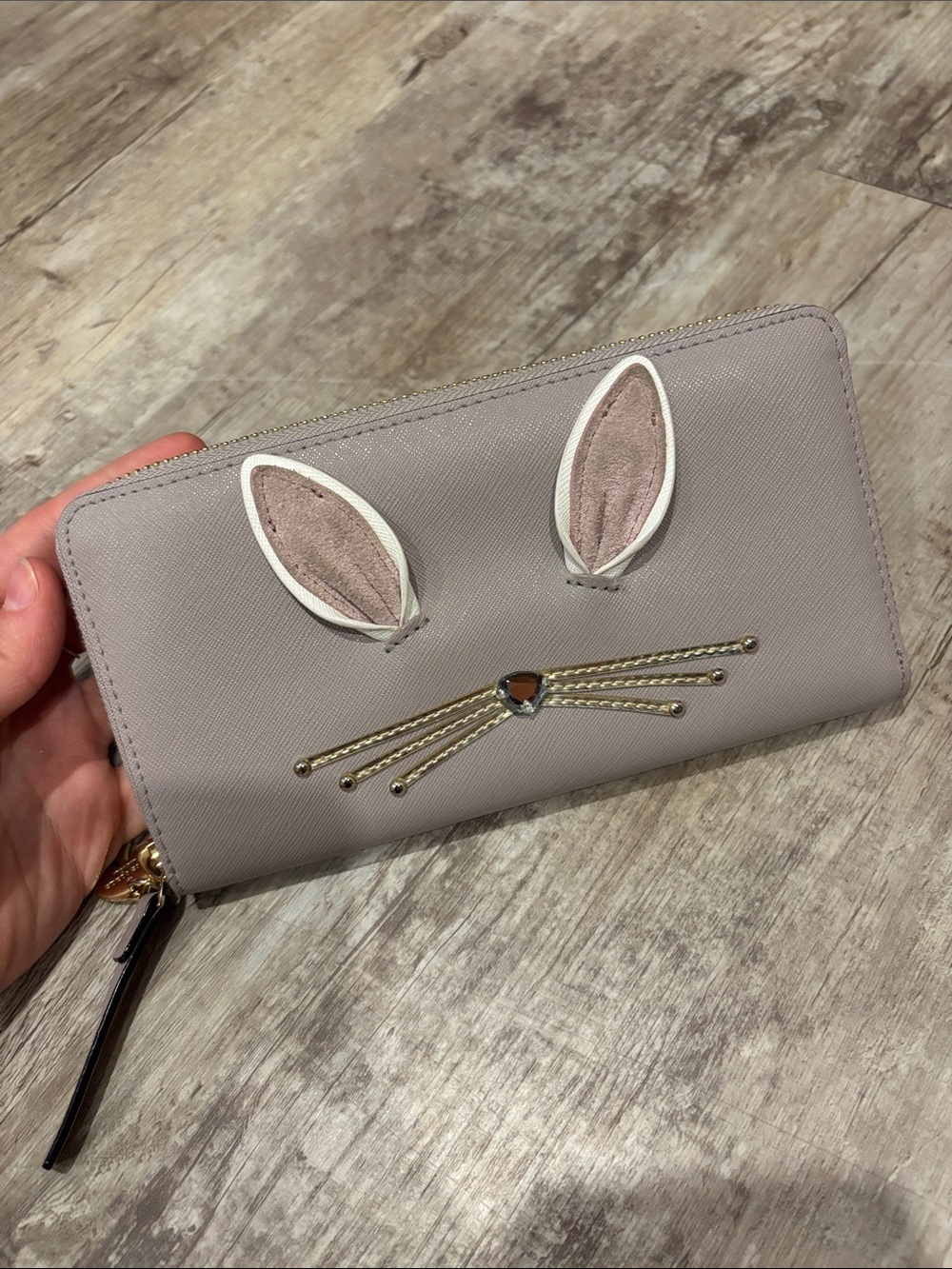 kate spade gray bunny zip-around wallet with gold-tone whiskers
